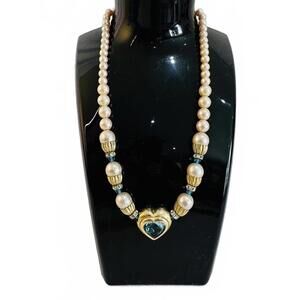 VTG 60's Sphinx gilt metal Necklace w Faux Pearls & Blue Glass Heart Stone